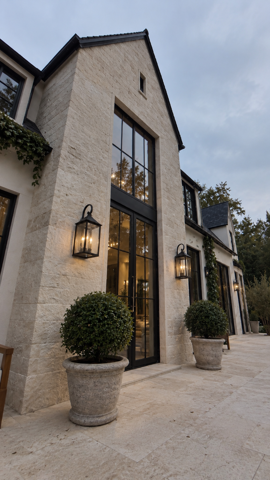Tall glazed entry framed by pale stone, lanterns, and planted urns