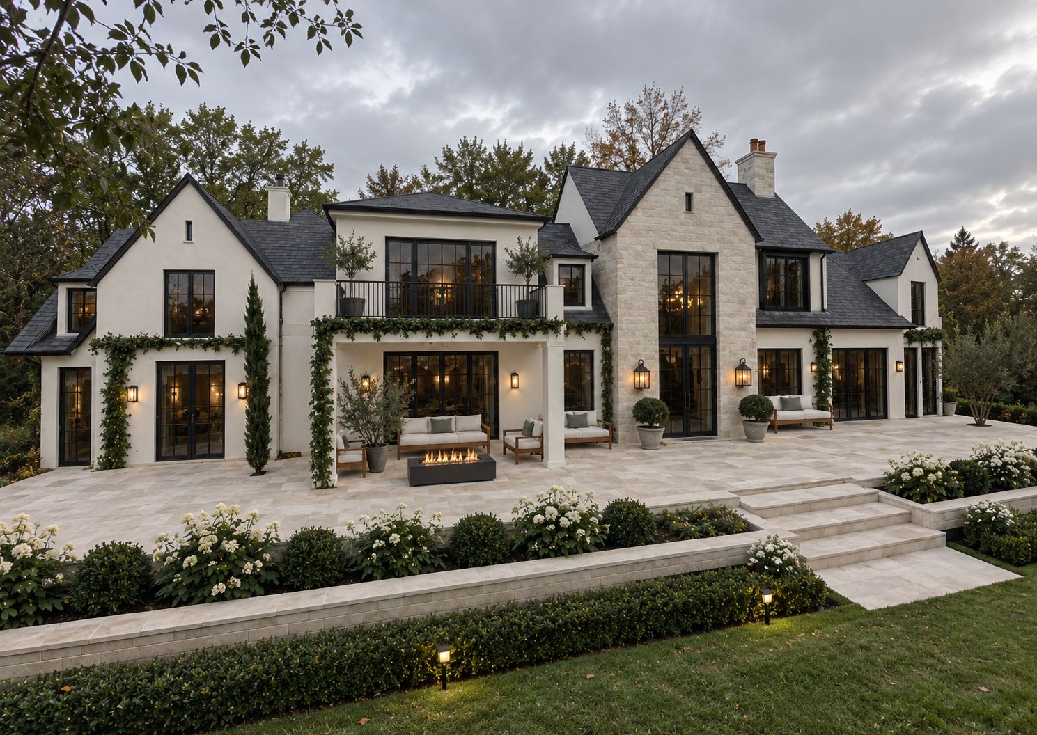 The Highland Home with pale stone, dark pitched roofs, and landscaped terraces