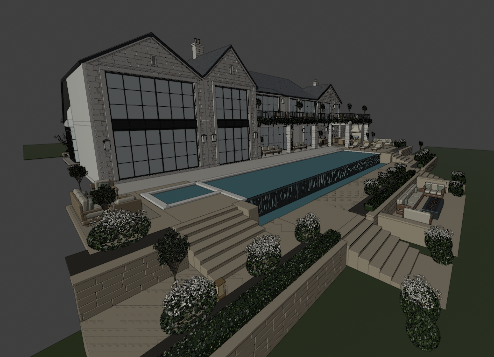Three-dimensional view of the infinity pool, spa, and tiered garden terraces