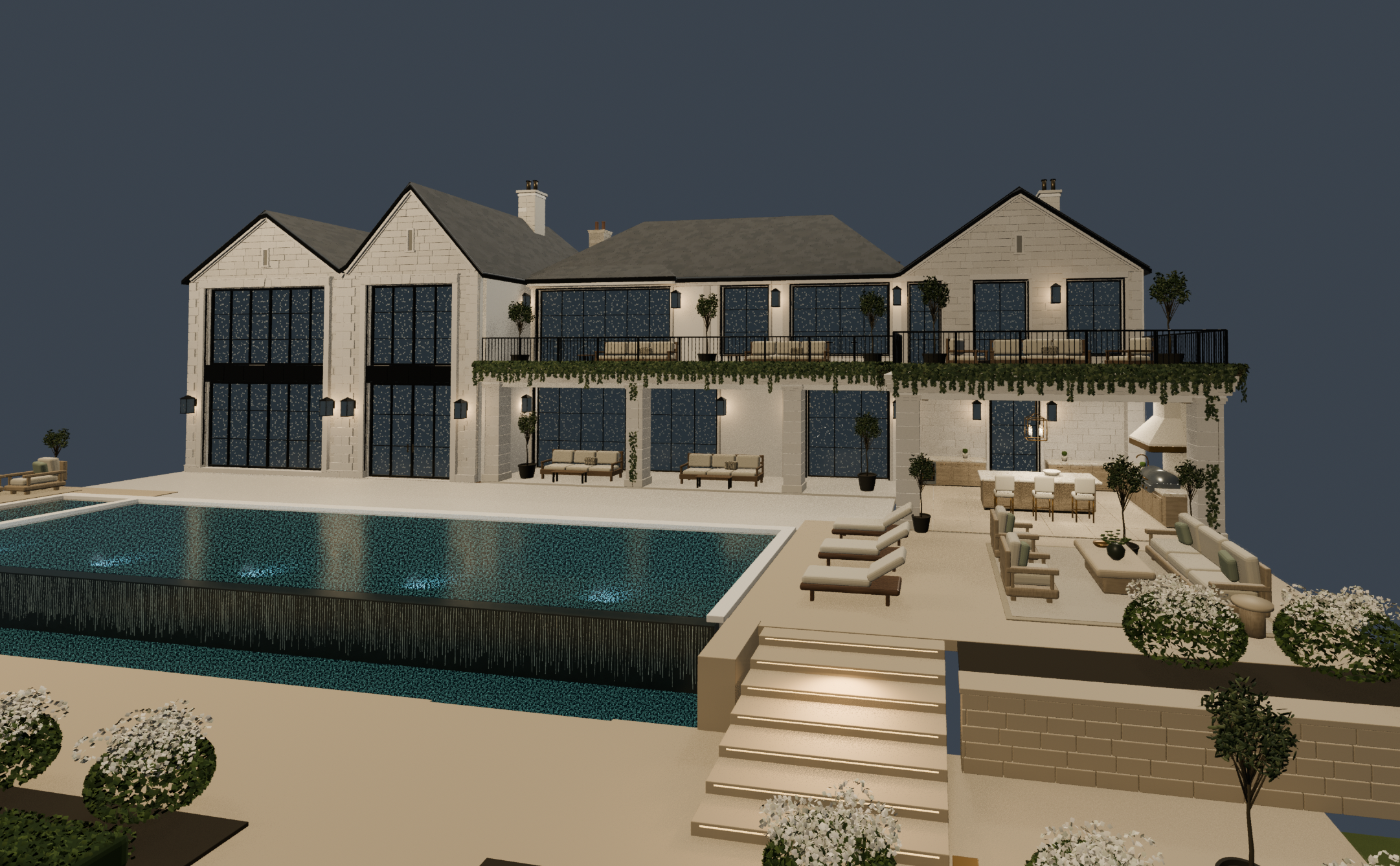 Rear elevation design model with pool, balcony, outdoor kitchen, and seating