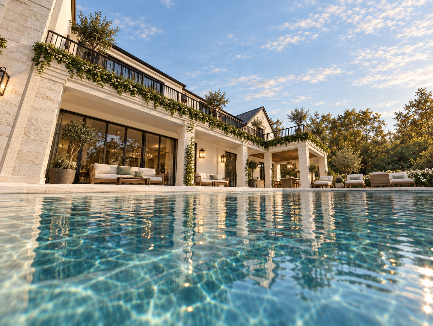 Water-level view of The Highland Home pool and planted balcony in warm evening light
