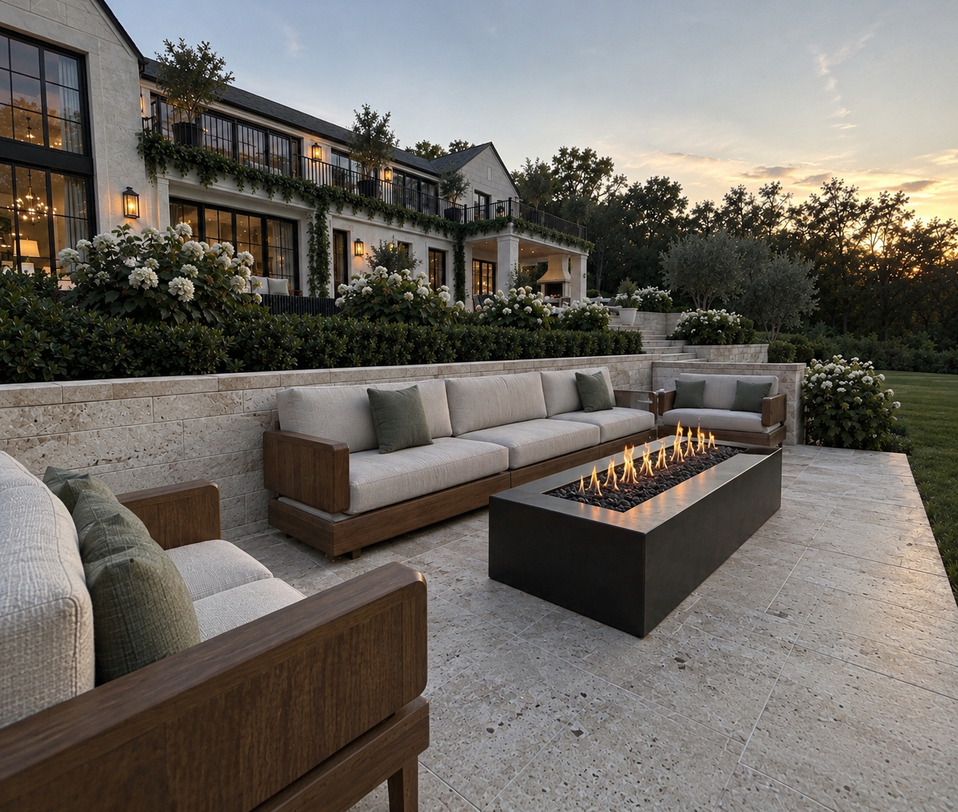 Garden terrace with upholstered seating and a linear fire table at sunset