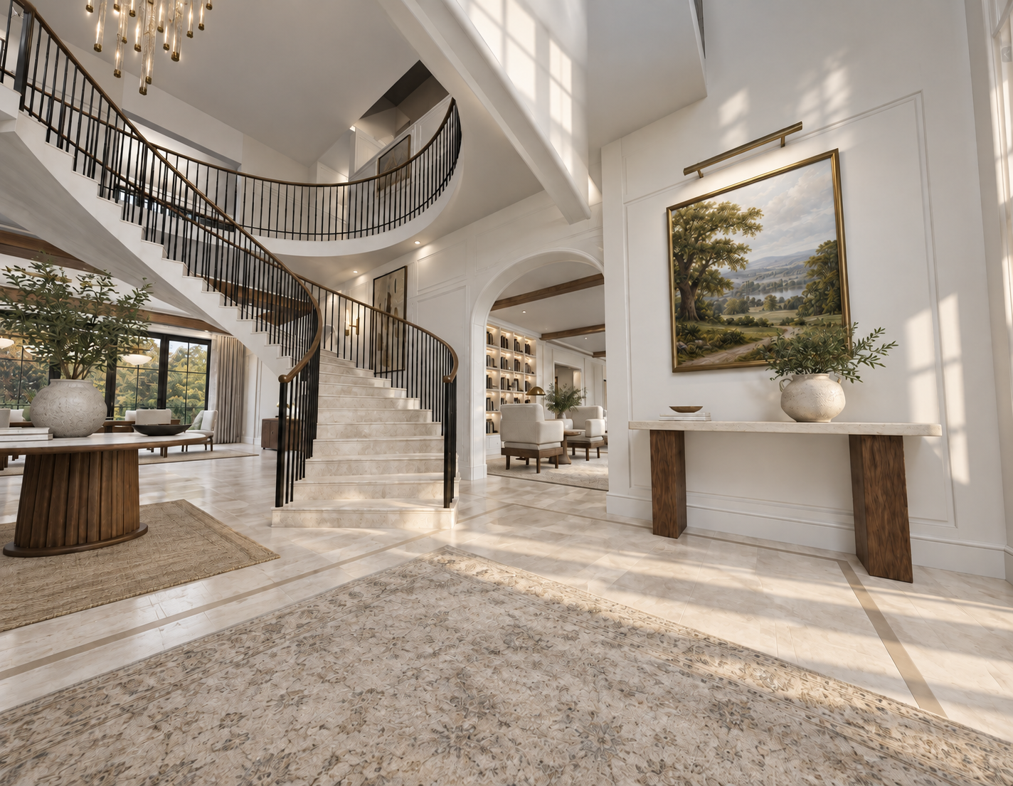 Sunlit staircase and adjoining sitting room with a landscape painting above a wood console