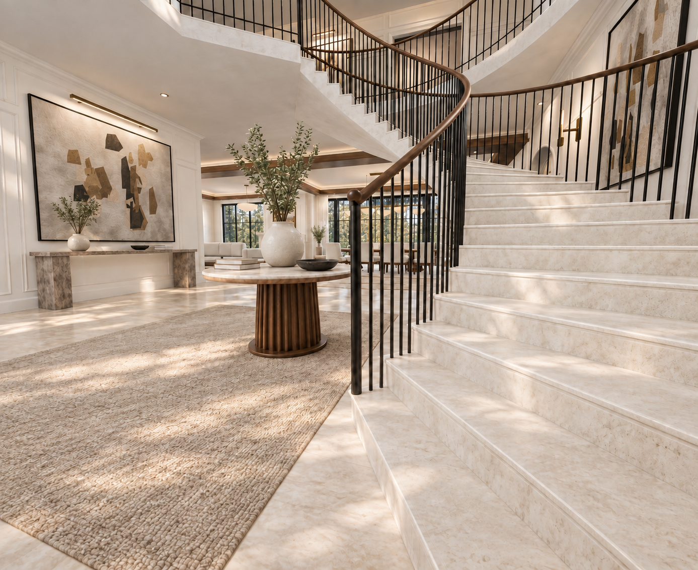 Curved stone staircase with dark railings and a round wood entry table