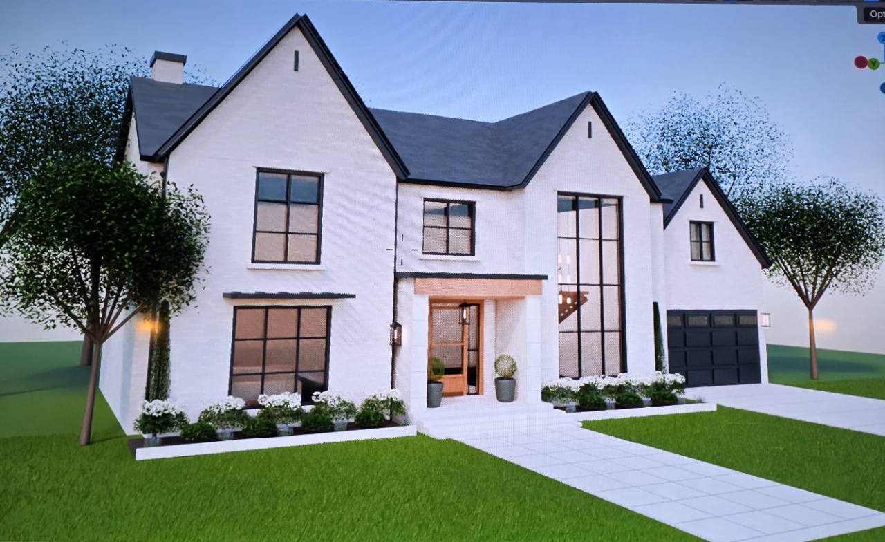 Parkwood front design model with white walls, dark gables, and tall windows